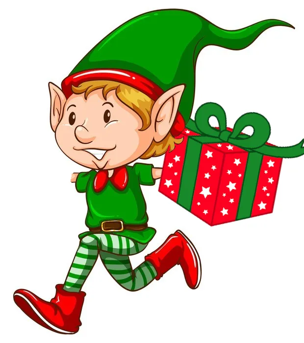 And elf with one arm stuck in a present and another arm missing